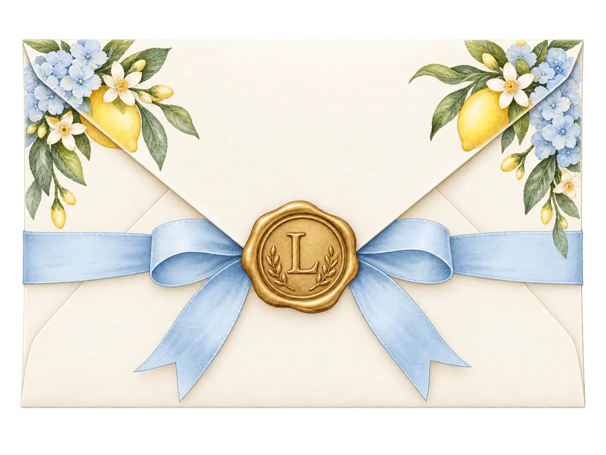 Sobre decorado con limones, flores celestes, un lazo y un sello dorado con la letra L